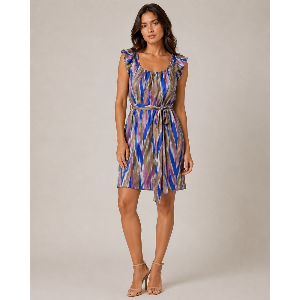 Apostrophe Womens Abstract Ikat Print Ruffle Sleeve Belted Mini Dress Size M